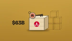 A sealed wooden shipping crate bearing the Broadcom logo, with a key resting on its lid whose round fob carries the Anthropic logo, stands in front of a dashed outline of more crates still to come, beside the figure "$63B" on an ochre-gold background.
