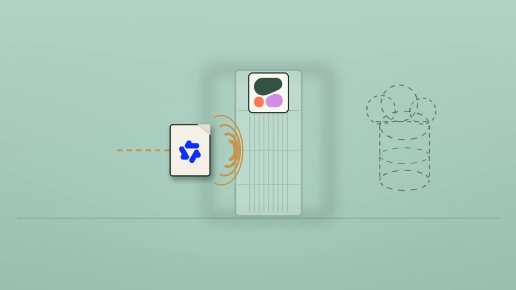 A cream file card with the Qwen logo flies toward a tall frosted sandbox wall that carries the Cohere logo; thick amber ripples stop it at the wall, while a dashed cloud-topped storage bucket sits empty beyond, on a cool celadon background.