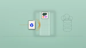 A cream file card with the Qwen logo flies toward a tall frosted sandbox wall that carries the Cohere logo; thick amber ripples stop it at the wall, while a dashed cloud-topped storage bucket sits empty beyond, on a cool celadon background.