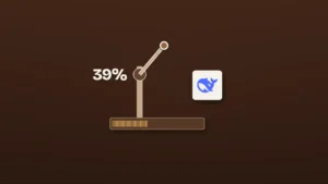 A cream shutdown lever on a dark umber test stand is held mid-up above a base with about two-fifths of its tick marks lit, beside the DeepSeek whale logo and the figure "39%".