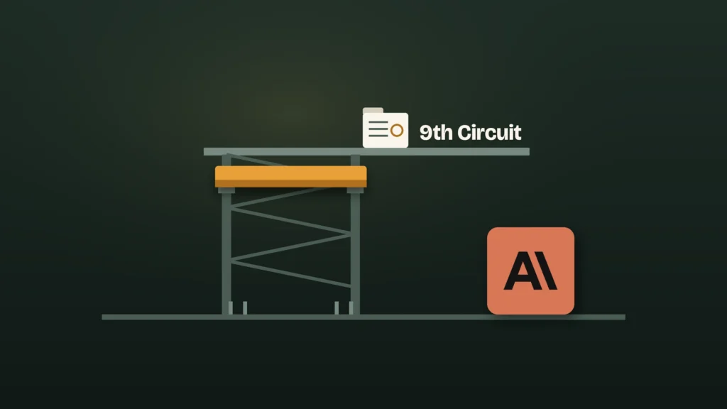 An amber beam sits lifted and parked high in a steel hoist shaft above empty floor brackets, while a small case file rests unresolved on an upper level marked "9th Circuit," and a tile bearing the Anthropic logo stands free on the ground floor.