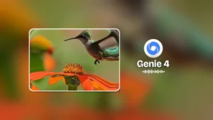 Still frame from Google DeepMind's Genie 4 announcement video: a hummingbird hovering over an orange flower inside a rounded window, on a blurred green-orange background, beside the Google DeepMind logo, the words Genie 4 and a small audio waveform.