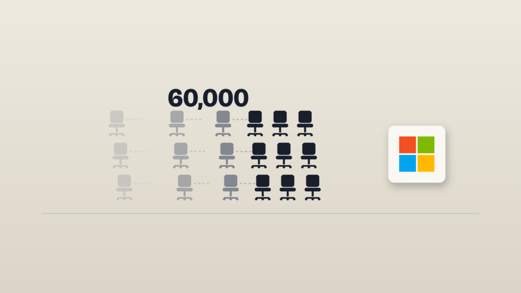 Rows of empty office chairs, the outer ones fading as they roll away to the left, sit beneath the figure "60,000" on a warm stone background, with the Microsoft logo on a cream tile at right.