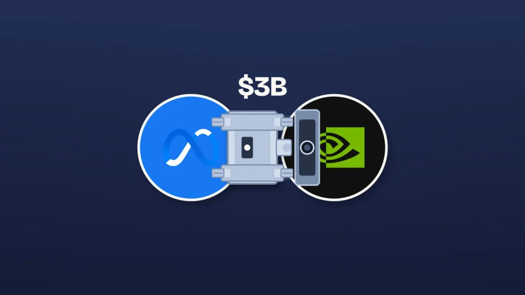 Two circular docking plates — Meta on blue, NVIDIA on black — are being joined by a mid-travel sliding steel latch whose bolt has not yet seated in the empty receiver, with the plain figure "$3B" above them on a deep navy background.