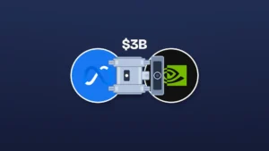 Two circular docking plates — Meta on blue, NVIDIA on black — are being joined by a mid-travel sliding steel latch whose bolt has not yet seated in the empty receiver, with the plain figure "$3B" above them on a deep navy background.