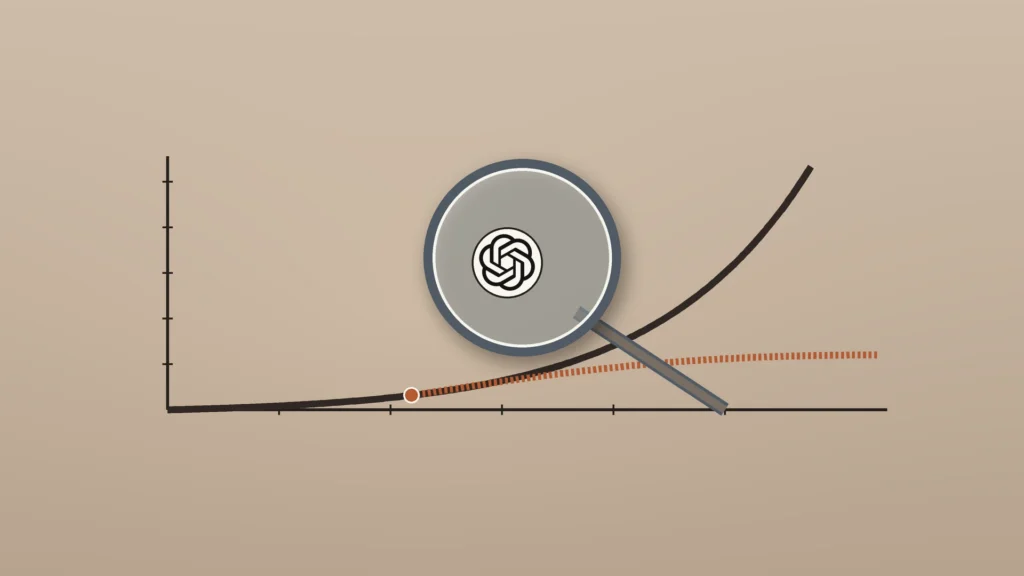 A steep black exponential curve on sand-taupe axes is crossed at a rust junction by a dashed claimed shortcut that branches off toward a shallower path, under a review loupe holding the OpenAI logo — claimed and under review, not proven.