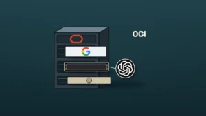 Dark petrol-slate field with an Oracle OCI region-bay chassis; three accelerator modules slide into open slots — a Google TPU tray with the Google G, a dark OpenAI chip tray with a large white OpenAI blossom, and a tan Cerebras wafer-scale block. Oracle O on the bay faceplate; the word OCI at right.