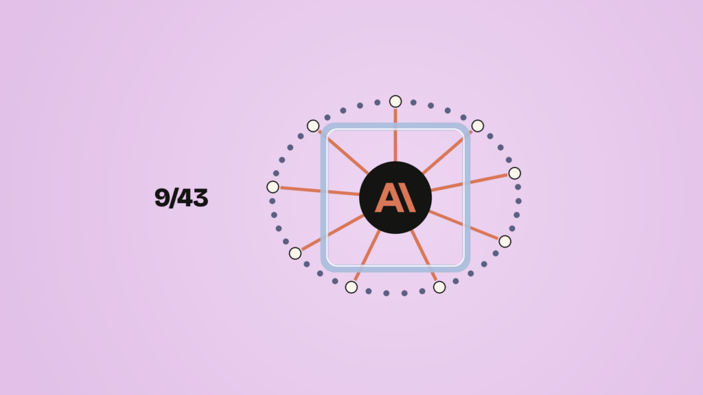 A glass test chamber holds a dark core with the Anthropic logo. Nine clay-colored lines run from it through the glass wall to nine highlighted dots in a ring of 43. The figure "9/43" sits beside it.