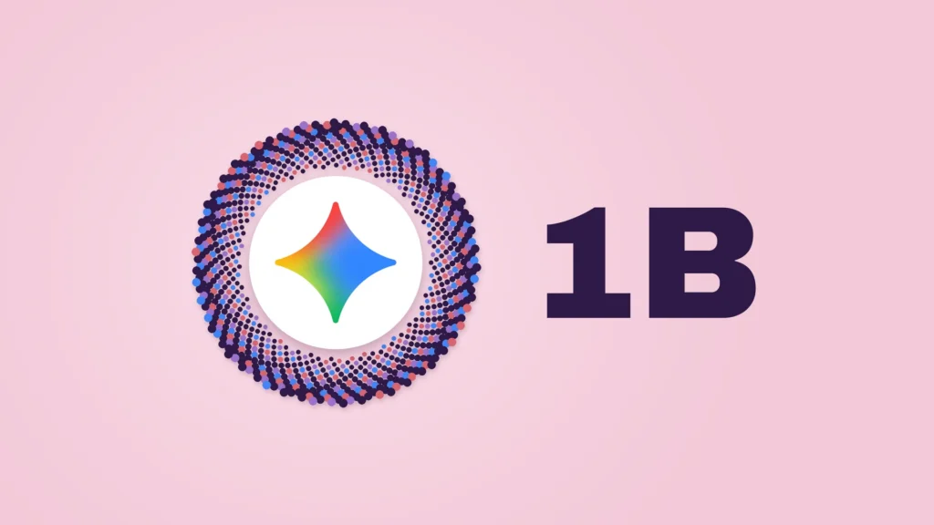 The multicolored Gemini sparkle logo sits on a white circle at the center of a ring of several hundred small dark-purple, blue, violet and rose dots on a soft rose-pink background. To the right, the bold dark purple text "1B".