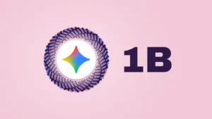 The multicolored Gemini sparkle logo sits on a white circle at the center of a ring of several hundred small dark-purple, blue, violet and rose dots on a soft rose-pink background. To the right, the bold dark purple text "1B".