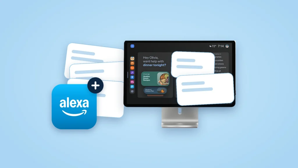 Amazon's Echo Show 16 smart display beside a fan of blank cards and the Alexa app icon with a plus sign, on a light blue background.