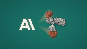 The Anthropic logo in cream on a deep green ground, with two soft beams of light reaching toward a space-filling 3D model of a generic antibody (Y-shaped protein, real structure from the Protein Data Bank). The two variable tips of the antibody are tinted orange and the rest is pale gray. No text.