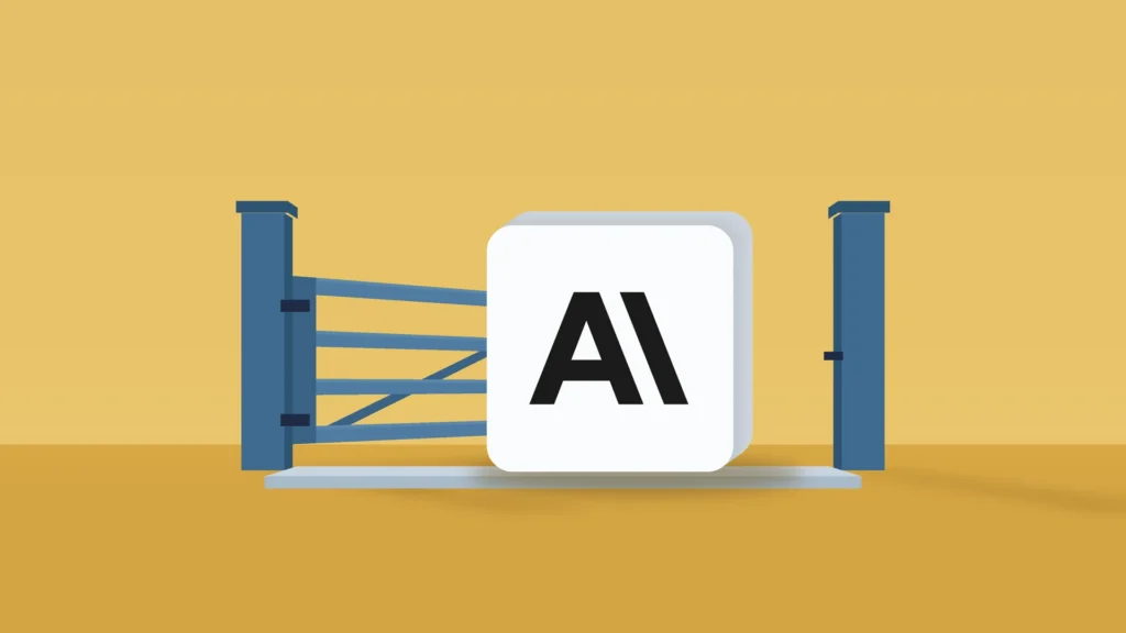 A plain blue swing gate stands open between two posts, with a white block bearing the Anthropic logo resting on the threshold plate, on a saffron-yellow background. No text.