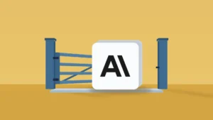 A plain blue swing gate stands open between two posts, with a white block bearing the Anthropic logo resting on the threshold plate, on a saffron-yellow background. No text.