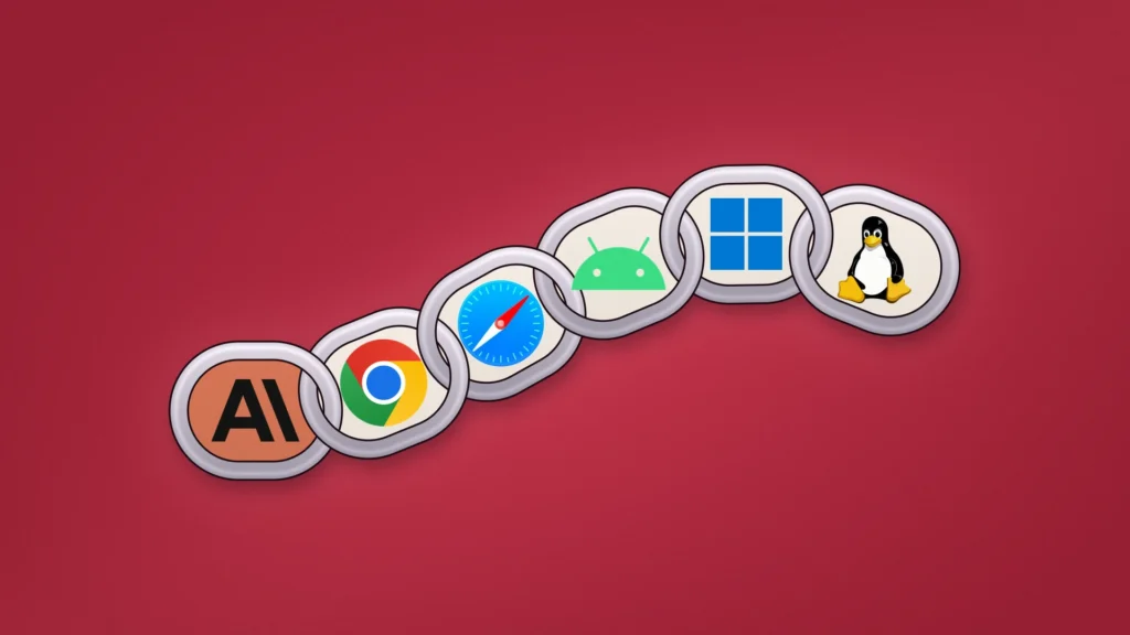 A chain of six interlocked silver links rising from lower left to upper right on a deep crimson ground. The first link, on an orange panel, carries the Anthropic logo; the next five carry the Chrome, Safari, Android, Windows and Linux (Tux) logos on cream panels. No other text.