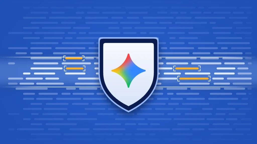 A white shield with a dark navy rim, carrying the multicolored Gemini sparkle logo, stands over a wall of abstract code lines on a deep cobalt-blue background. A bright horizontal scan band lights the lines it crosses, and four of them are amber and marked with white corner brackets. No text.