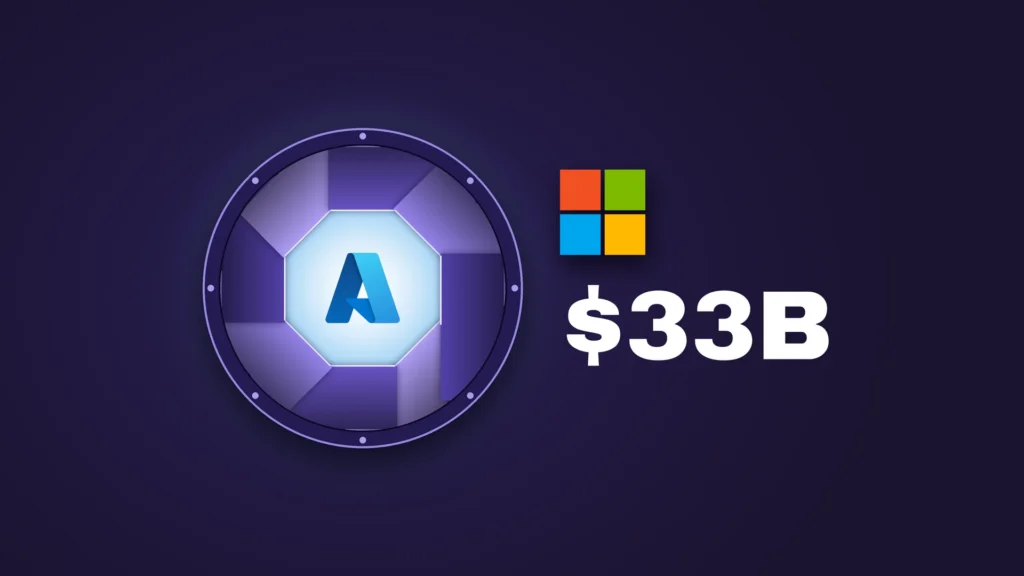 A large mechanical camera-style iris with eight purple blades opens onto a bright white-blue core that holds the Azure logo. To its right, the Microsoft four-square logo sits above the bold white text "$33B" on a deep aubergine background.