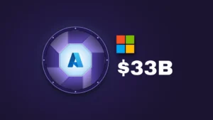 A large mechanical camera-style iris with eight purple blades opens onto a bright white-blue core that holds the Azure logo. To its right, the Microsoft four-square logo sits above the bold white text "$33B" on a deep aubergine background.