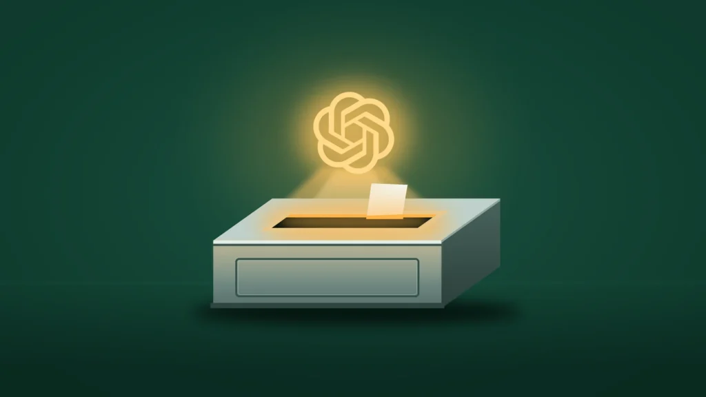 A plain, blank ballot box on a dark green field. The OpenAI logo glows warm gold above it and sends a soft cone of light down onto the box's open ballot slot, where one blank slip stands.
