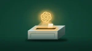 A plain, blank ballot box on a dark green field. The OpenAI logo glows warm gold above it and sends a soft cone of light down onto the box's open ballot slot, where one blank slip stands.