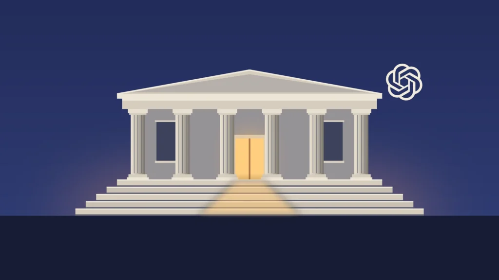 A generic classical courthouse entrance at dusk: wide stone steps, six columns and a blank pediment under a deep blue sky, with one warm light glowing in the doorway. A cream OpenAI logo sits in the sky to the upper right of the pediment. No people, signs or other text.