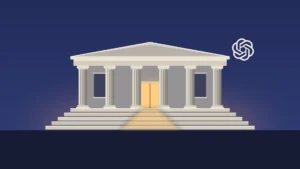 A generic classical courthouse entrance at dusk: wide stone steps, six columns and a blank pediment under a deep blue sky, with one warm light glowing in the doorway. A cream OpenAI logo sits in the sky to the upper right of the pediment. No people, signs or other text.