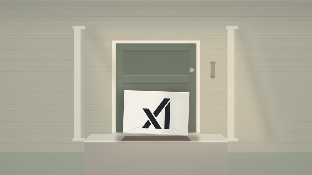 A calm suburban front door in soft morning light, with a plain sealed envelope bearing the xAI mark leaning against it on the doorstep.