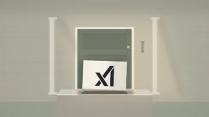 A calm suburban front door in soft morning light, with a plain sealed envelope bearing the xAI mark leaning against it on the doorstep.