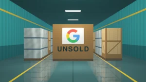 A warehouse aisle lit by one overhead lamp. A plywood shipping crate carrying the Google G on a white label and the stencilled word "UNSOLD" sits between rows of idle, stretch-wrapped and crated server racks.