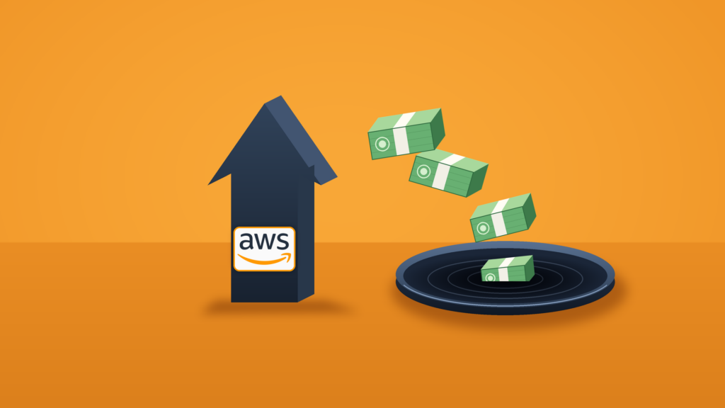 A navy upward arrow carrying the AWS logo stands on an orange floor beside an open drain that swallows falling bundles of cash.