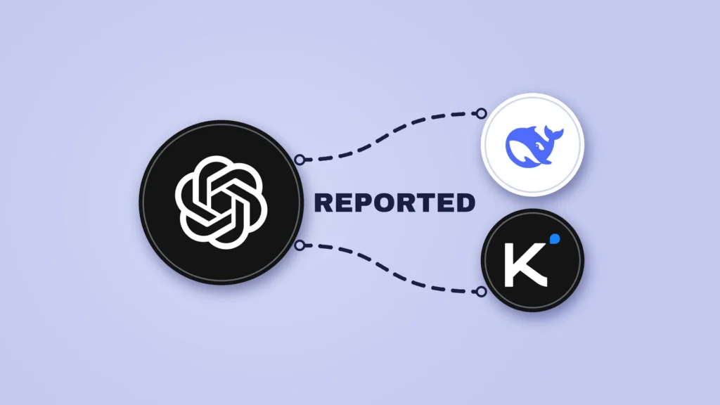 A large black disc with the white OpenAI logo on the left, joined by two thin dashed lines to two smaller discs on the right: the DeepSeek whale logo on white and the Kimi K logo on black. The word "REPORTED" sits between the lines.