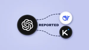 A large black disc with the white OpenAI logo on the left, joined by two thin dashed lines to two smaller discs on the right: the DeepSeek whale logo on white and the Kimi K logo on black. The word "REPORTED" sits between the lines.