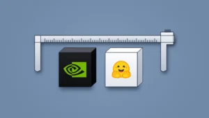 A long steel ruler-style caliper with a finely ticked beam hangs above two separate blocks, its two short jaws held wide open at either end: a black block with the green NVIDIA eye logo and, a gap apart, a white block with the yellow Hugging Face logo, on a slate-blue background. No text.