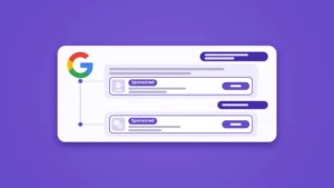 A white AI chat panel on a violet background with the multicolor Google "G" logo at top left. Two user bubbles at right each lead to an answer made of grey text bars, and inside each answer sits a white card labeled "Sponsored" with a thumbnail, two grey bars and a button.