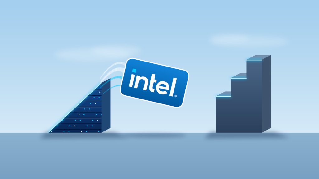 The Intel logo on a blue tile arcs through the air off a ramp of stacked server racks, coming down just short of a glowing stepped ledge with open space between them.