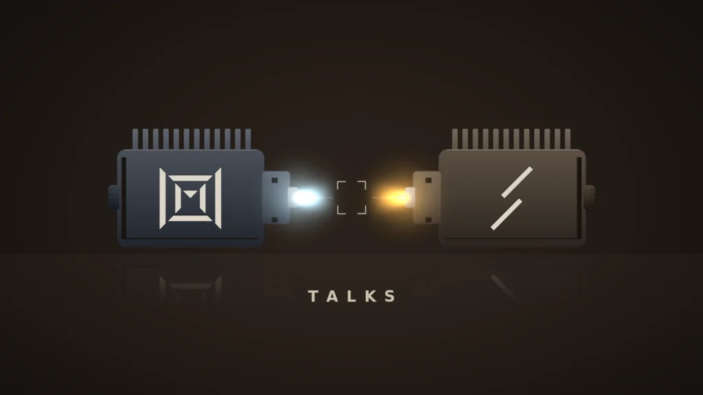 Two separate optical modules face each other across a gap on a dark bench. The left one, with the Marvell logo, emits a cool white beam; the right one, with the Lumentum logo, emits a warm amber beam. The beams fade before they meet, with open brackets in the gap and the word "TALKS" below.