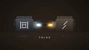 Two separate optical modules face each other across a gap on a dark bench. The left one, with the Marvell logo, emits a cool white beam; the right one, with the Lumentum logo, emits a warm amber beam. The beams fade before they meet, with open brackets in the gap and the word "TALKS" below.