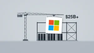 A tower crane lowers a white sign carrying the Microsoft logo toward a half-built data hall, a steel frame with server racks in the first bays and the rest still bare steel. The label "$25B+" sits beside the crane's arm.