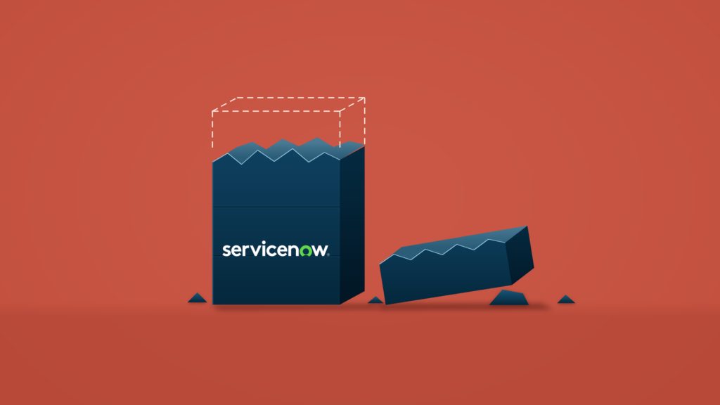 A navy tower carrying the ServiceNow logo has had its top snapped off: a dashed outline marks the missing top and the broken-off slab lies on the floor beside it, against a brick-red background.
