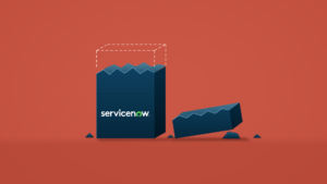 A navy tower carrying the ServiceNow logo has had its top snapped off: a dashed outline marks the missing top and the broken-off slab lies on the floor beside it, against a brick-red background.