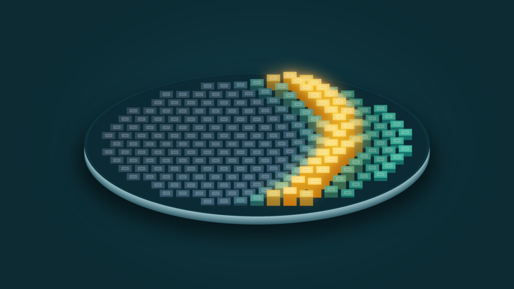A wafer of chip dies on a dark teal background. Dies on the left are dim steel-blue, a band of glowing amber dies crosses the middle, and dies on the right are lit mint green.
