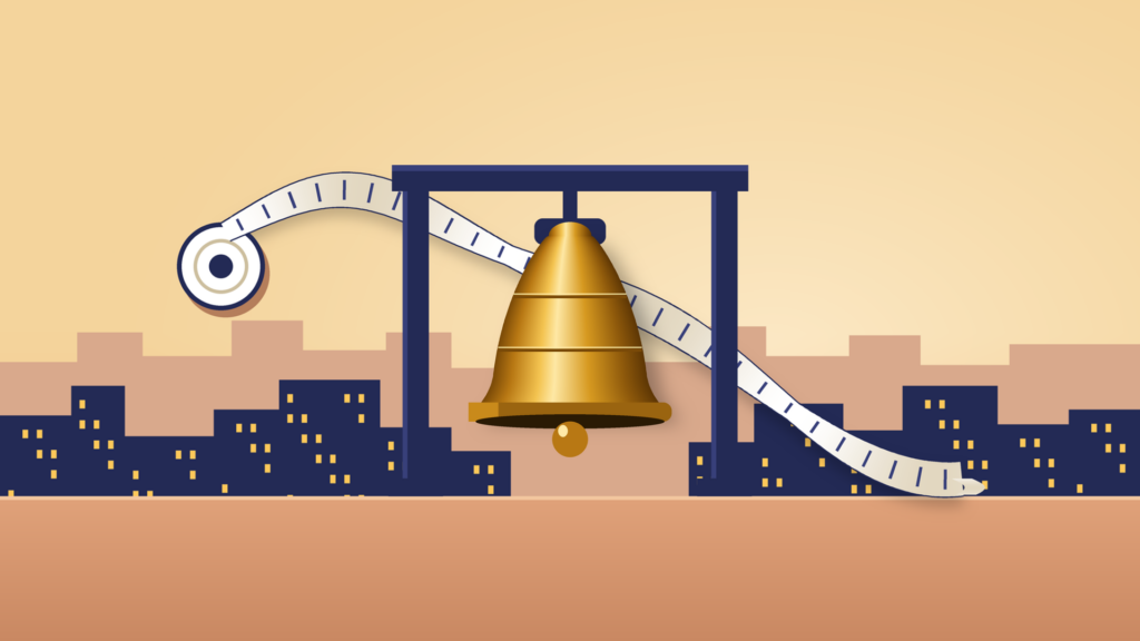 Illustration of a brass closing bell hanging still in a navy gantry in front of a dusk city skyline, with a paper ticker tape from a reel at left that arcs up over the bell and settles slack on the ground at right, on a warm apricot ground.