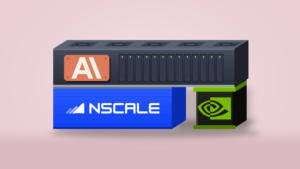 A graphite data-hall block with an orange Anthropic logo tag rests on a blue base carrying the Nscale logo and on a black pier carrying the green Nvidia logo, against a soft rose background.