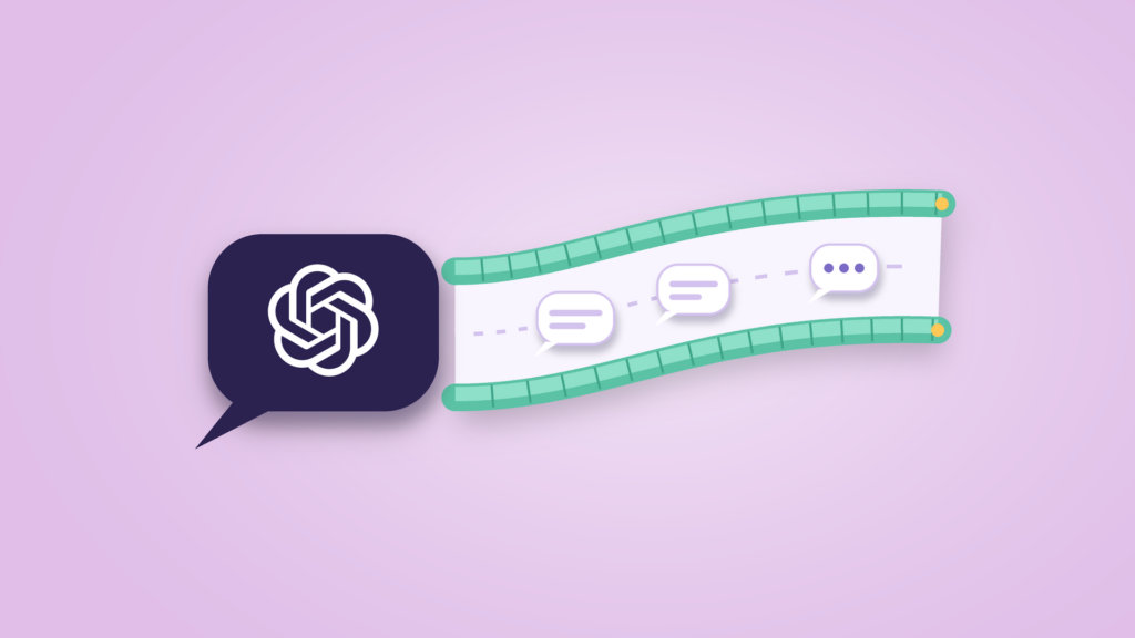 A dark violet chat bubble with the OpenAI logo sits at the left of a curved white lane edged with padded mint rails, along which three small blank chat bubbles travel, on a lilac background.