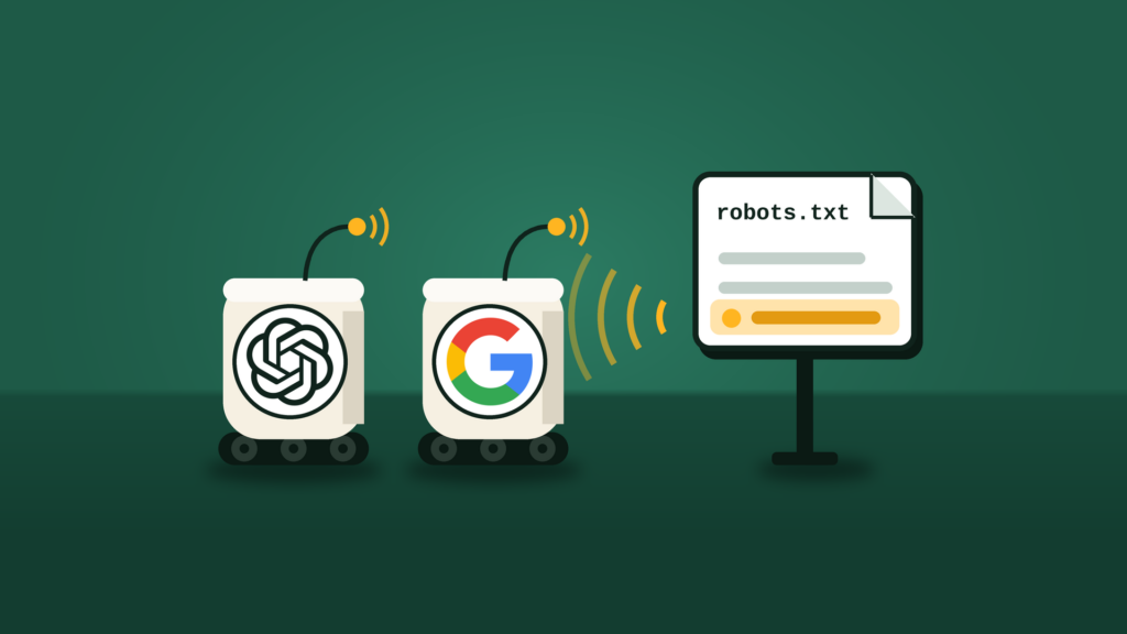 Two small crawler bots wearing the OpenAI and Google logos sit still on a green floor with antennas tilted toward a robots.txt file board, where one highlighted line sends amber signal arcs toward them.