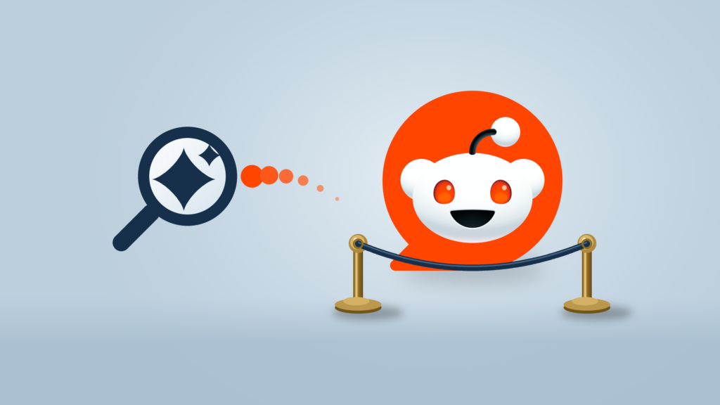 A Reddit mark stands behind a navy velvet rope on two brass posts, while a magnifying glass holding an AI sparkle sends a thinning trail of orange dots toward it, on a pale mist-blue ground.