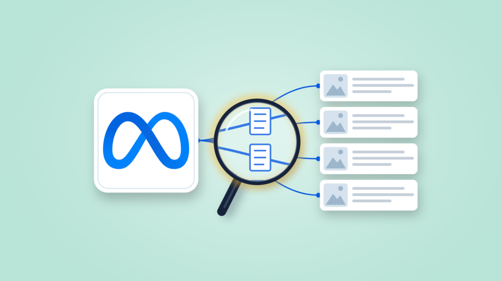 A magnifying glass held over blue threads that link the Meta infinity logo to four blank publisher page cards, with small document icons on the threads, on a pale mint background.