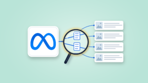 A magnifying glass held over blue threads that link the Meta infinity logo to four blank publisher page cards, with small document icons on the threads, on a pale mint background.