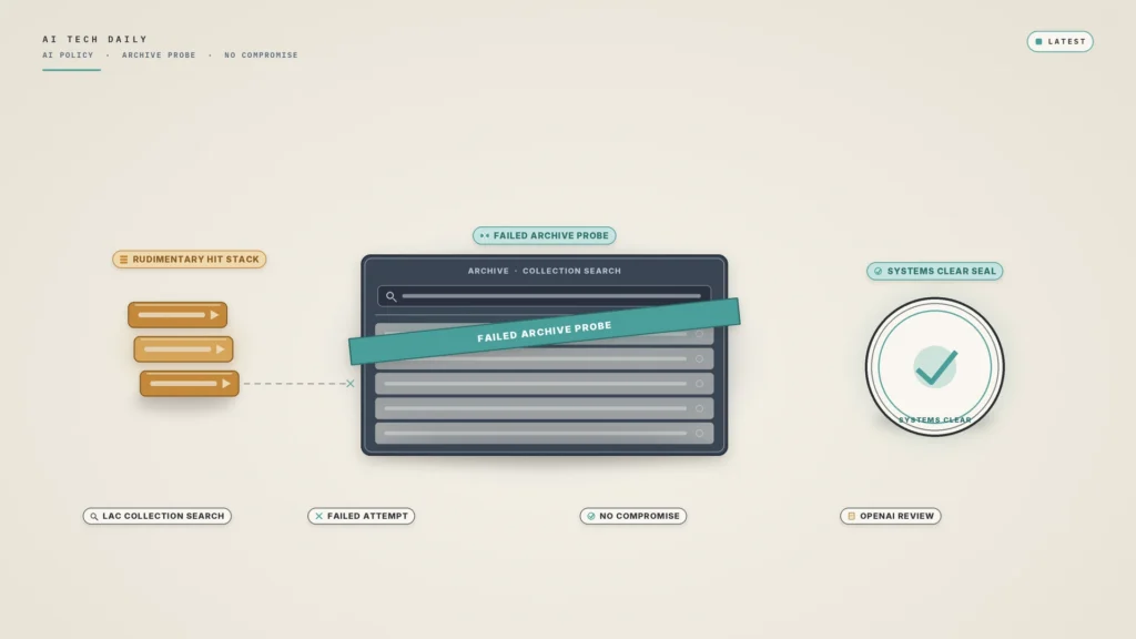 Illustration on a birch-ivory background. At center, a northern-slate archive collection-search panel with an empty search field and blank empty-result rows sits behind a soft-teal diagonal bar labeled "FAILED ARCHIVE PROBE". On the left, a short warm-ochre stack of three unmarked probe chips labeled "RUDIMENTARY HIT STACK" stops short of the panel, with a dashed failed-reach line ending in a teal X. On the lower right, a circular birch "SYSTEMS CLEAR" seal with a charcoal ring and teal checkmark is tagged "SYSTEMS CLEAR SEAL". Quiet lower chips read "LAC COLLECTION SEARCH", "FAILED ATTEMPT", "NO COMPROMISE", and "OPENAI REVIEW".