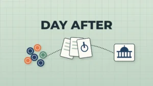 The words "DAY AFTER" over a pale green tabletop-exercise board, where a dotted path runs from a cluster of round planning tokens past scenario cards, one showing a power symbol, to a token of a domed government building.